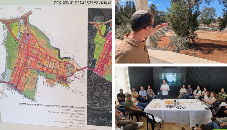 ראש מינהלת הקמת השכונה, נעם סלע, מצביע על "דרך 2" - השדרה המרכזית של השכונה; תמונה מטקס השקת מתחם המינהלת ומפת השכונה